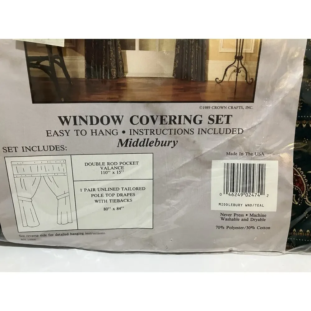 Valance Drapes Window Covering Set Green Paisley Crown Crafts Middlebury NEW